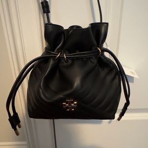 Tory Burch Kira Chevron Mini Bucket Bag Black with Gold accents.  NWT